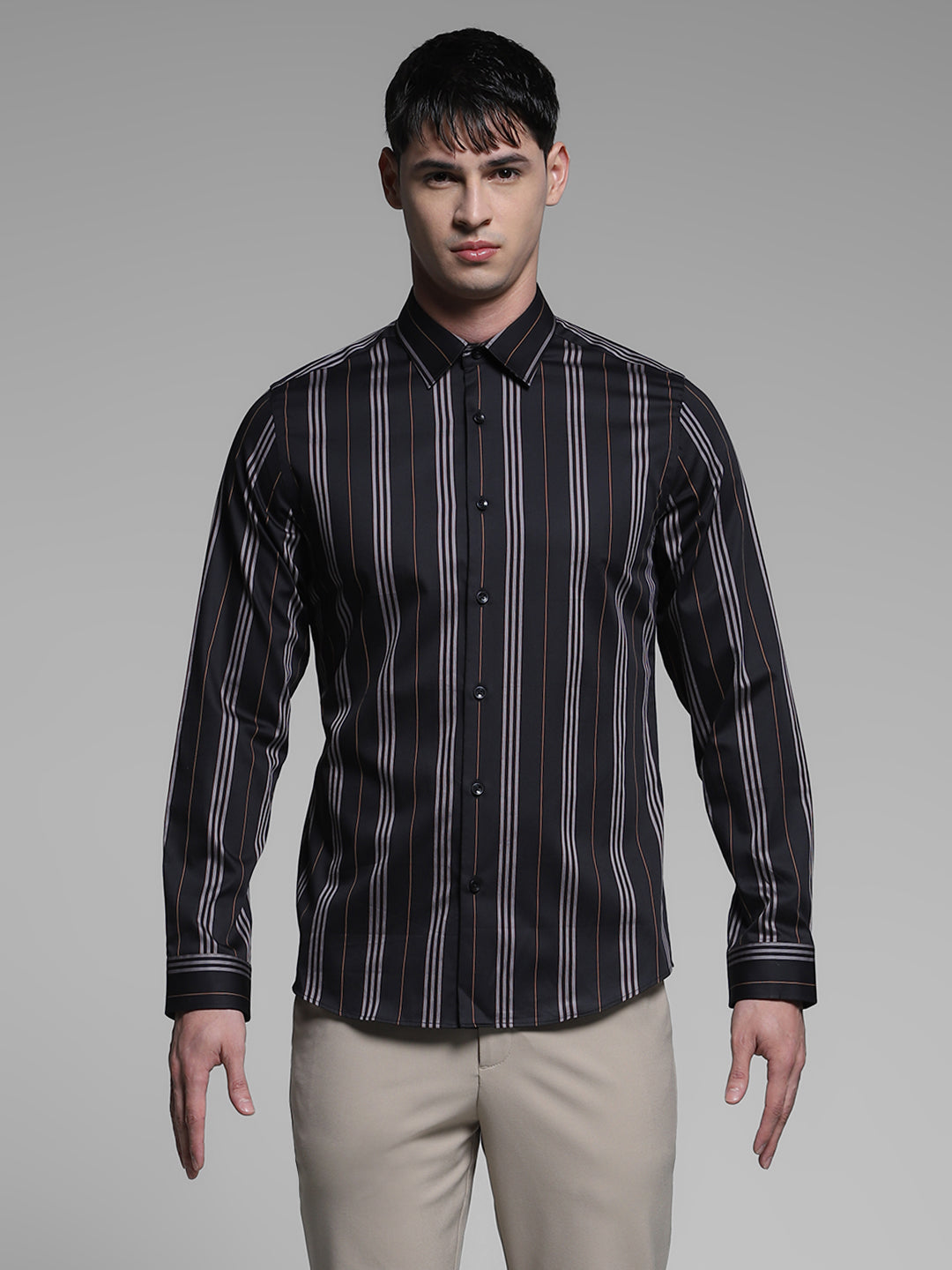 Men's Black Cotton Striped Slim Fit Shirt