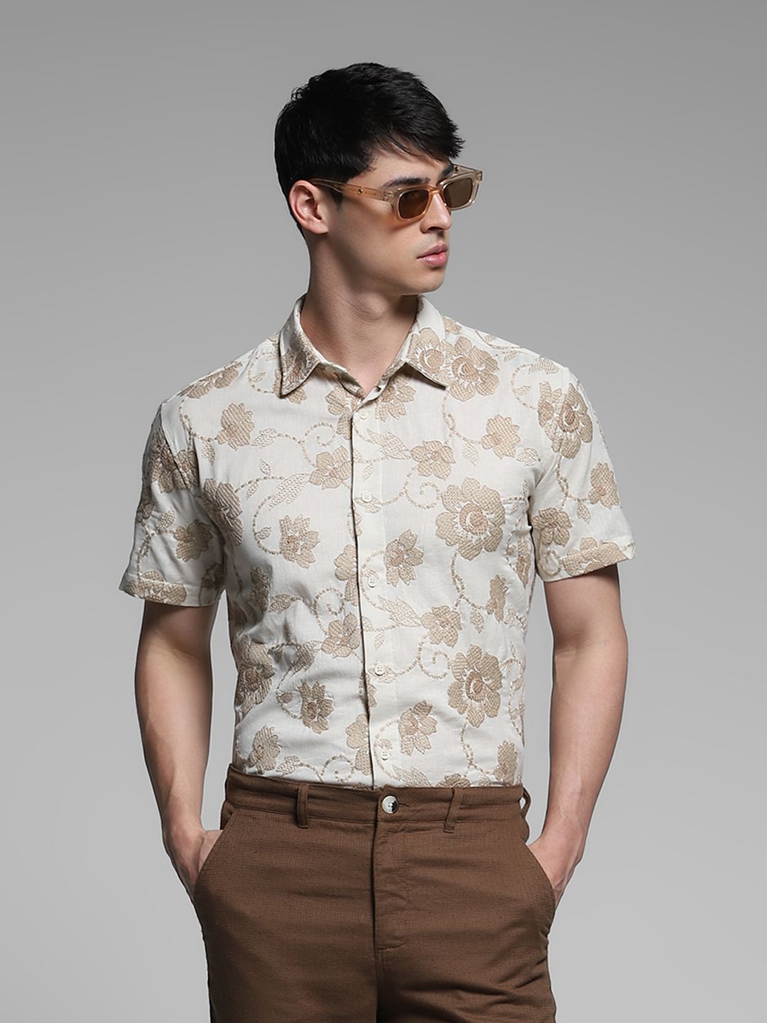Brown Embroidered Cotton Shirt - S
