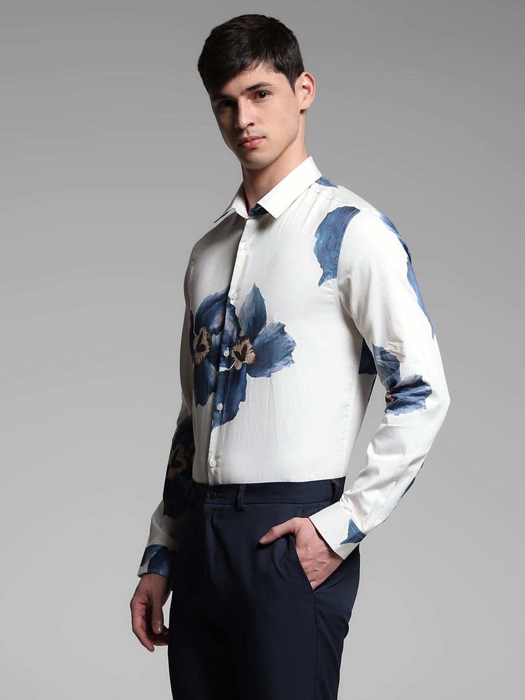 Blue Floral Cotton Full Sleeves Shirt