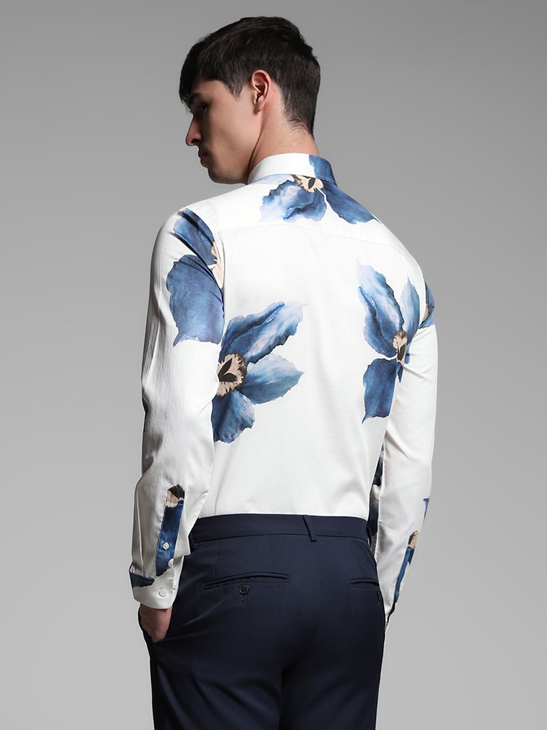 Blue Floral Cotton Full Sleeves Shirt
