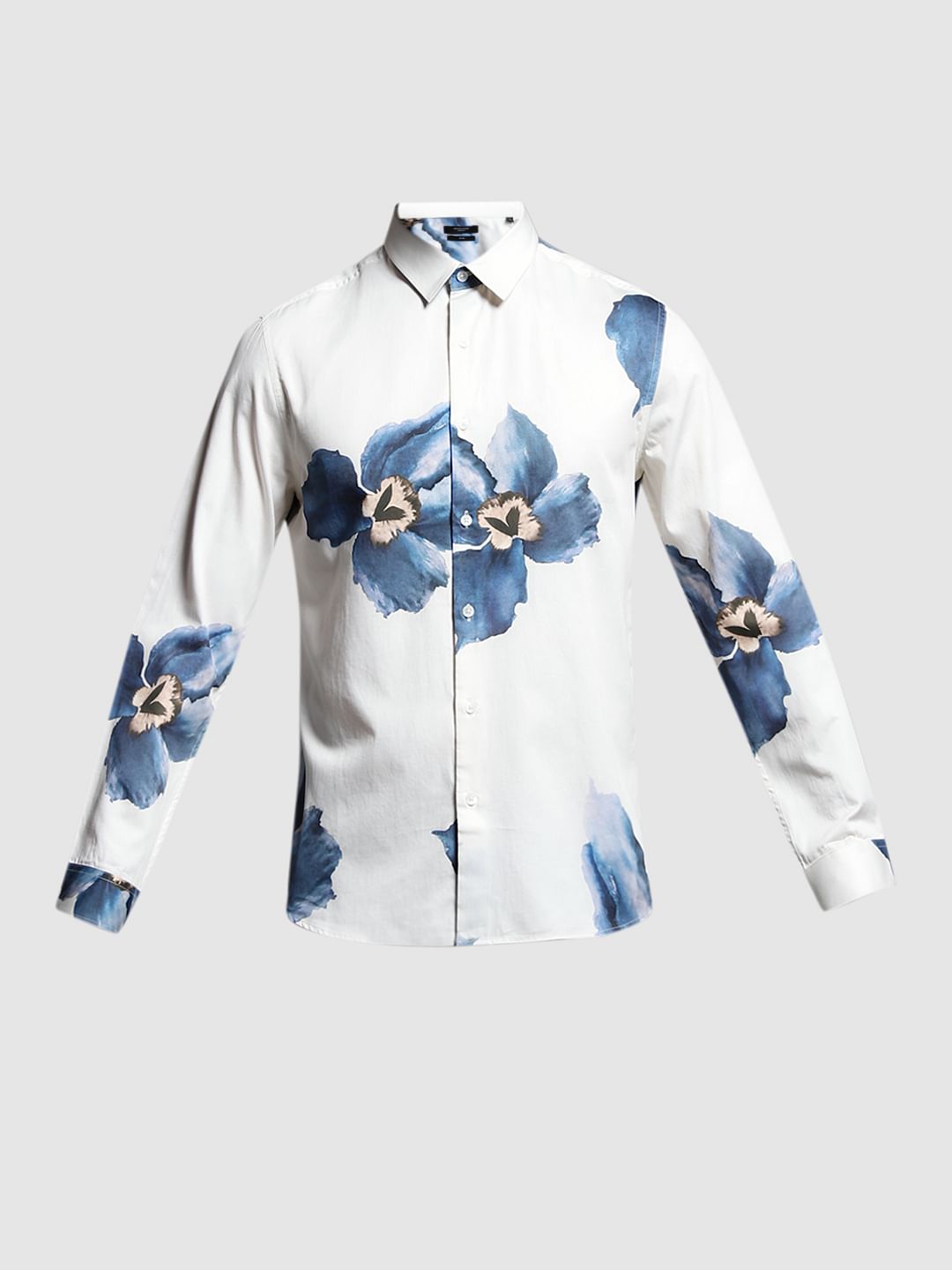 Blue Floral Cotton Full Sleeves Shirt