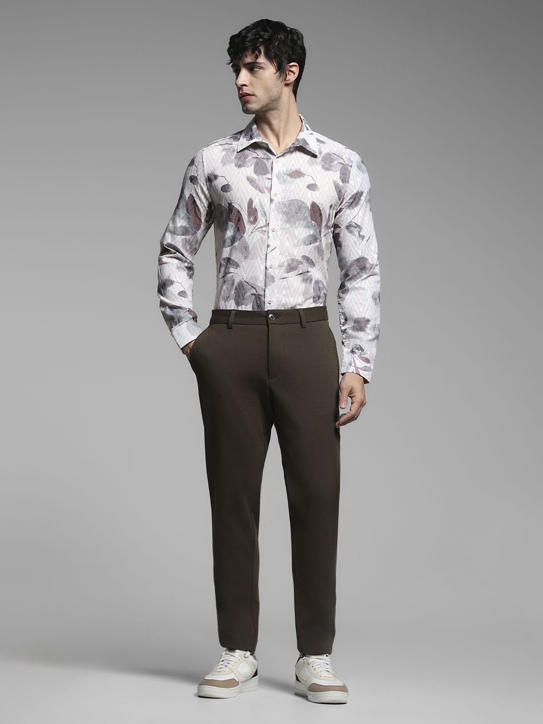 Light Beige Printed Full Sleeves Shirt