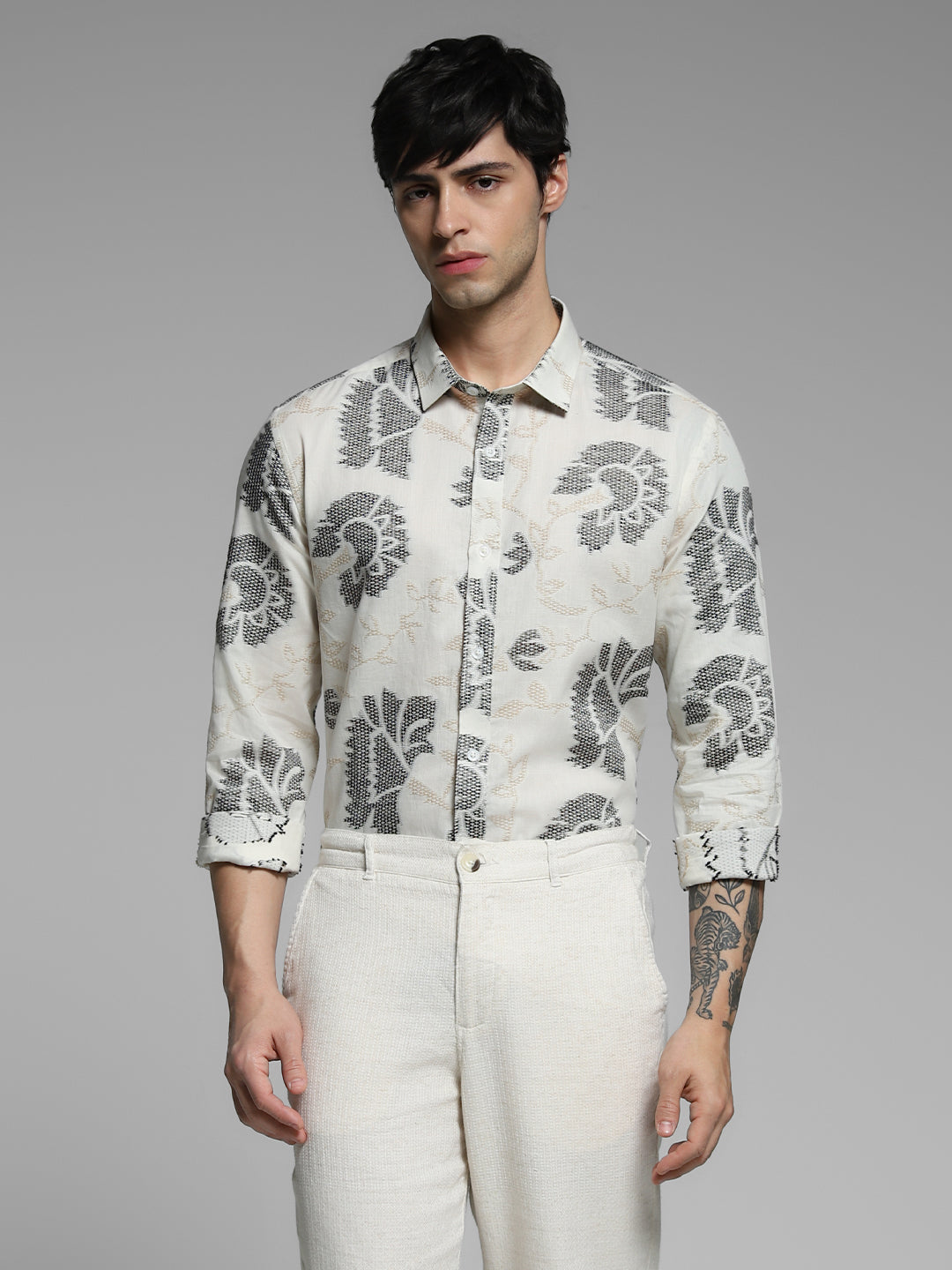Men Off White Cotton Jacquard Geometric Slim Fit Shirt