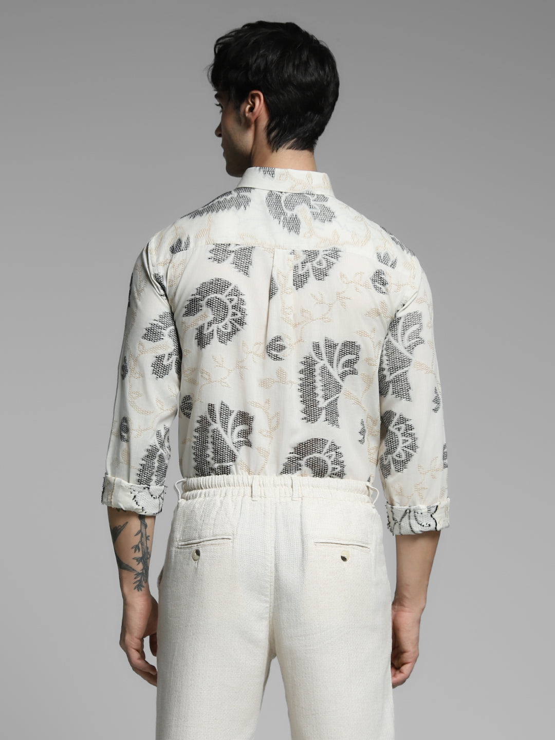 Men Off White Cotton Jacquard Geometric Slim Fit Shirt