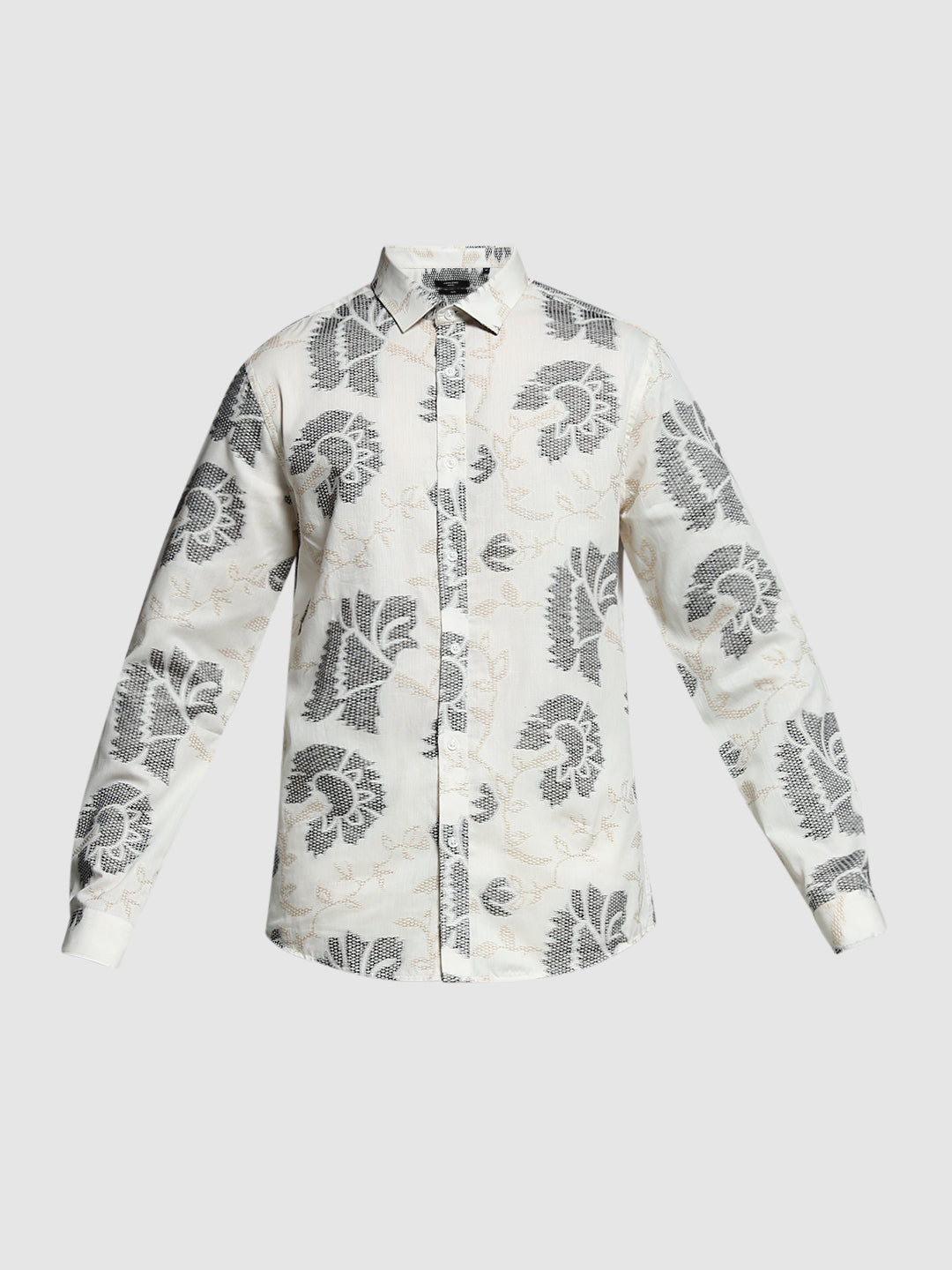 Men Off White Cotton Jacquard Geometric Slim Fit Shirt
