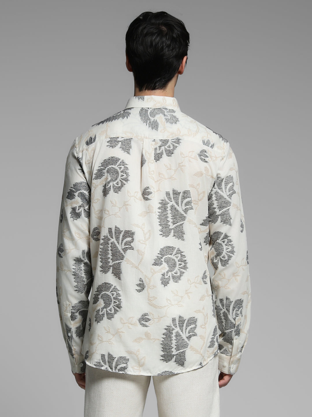 Men Off White Cotton Jacquard Geometric Slim Fit Shirt