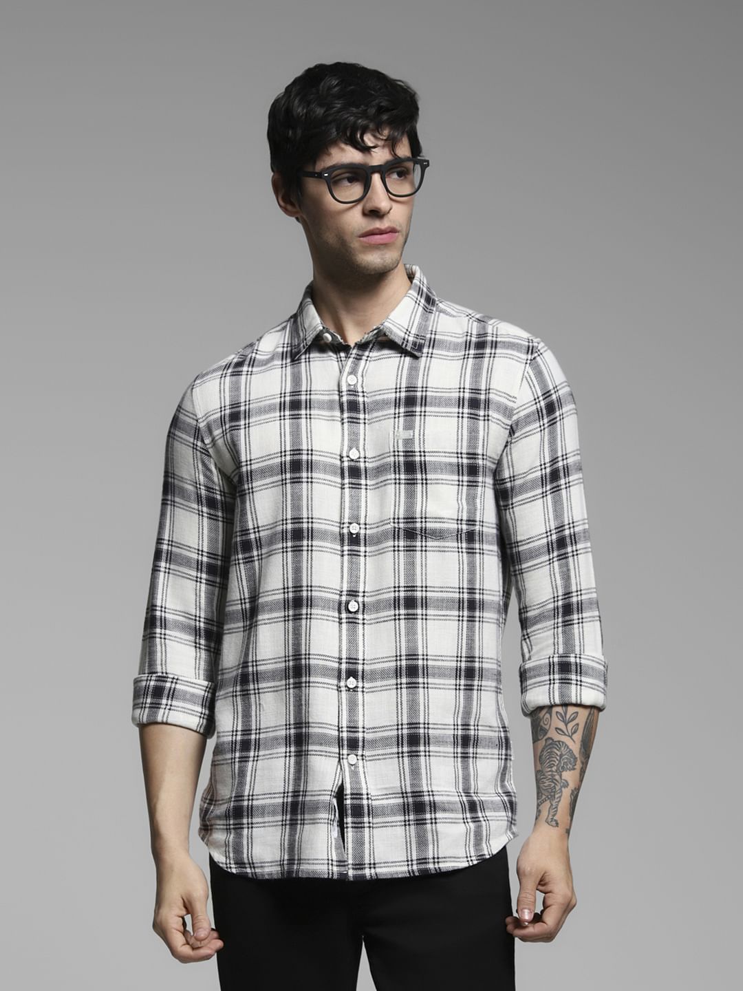 White Check Print Cotton Shirt - L