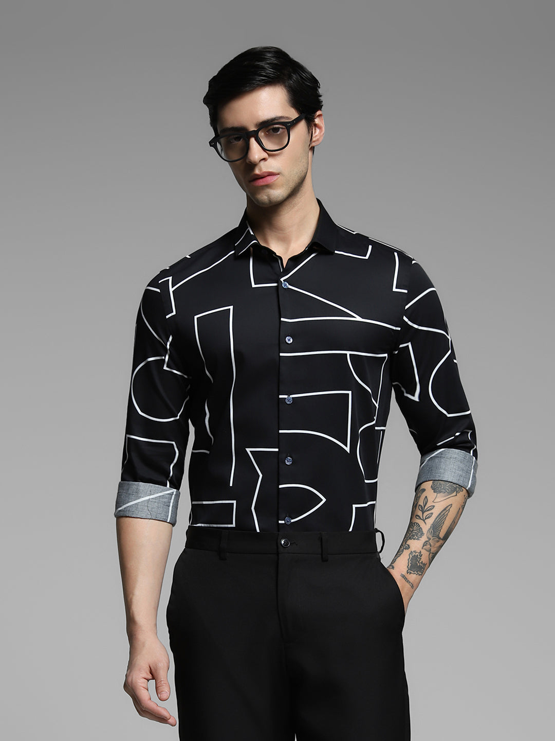 Men's Black Abstract Print Slim Fit Viscose Shirt - S