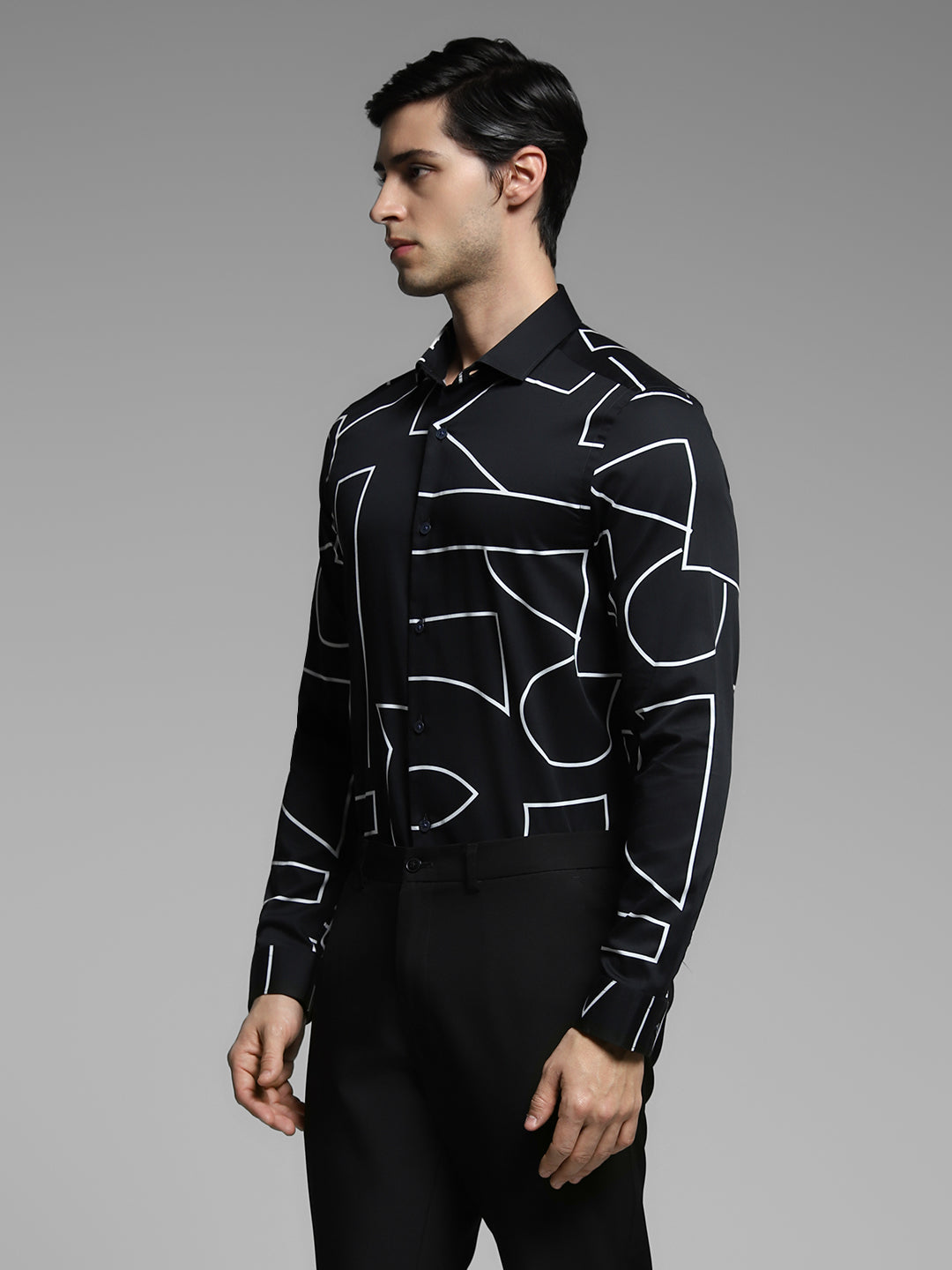 Men's Black Abstract Print Slim Fit Viscose Shirt