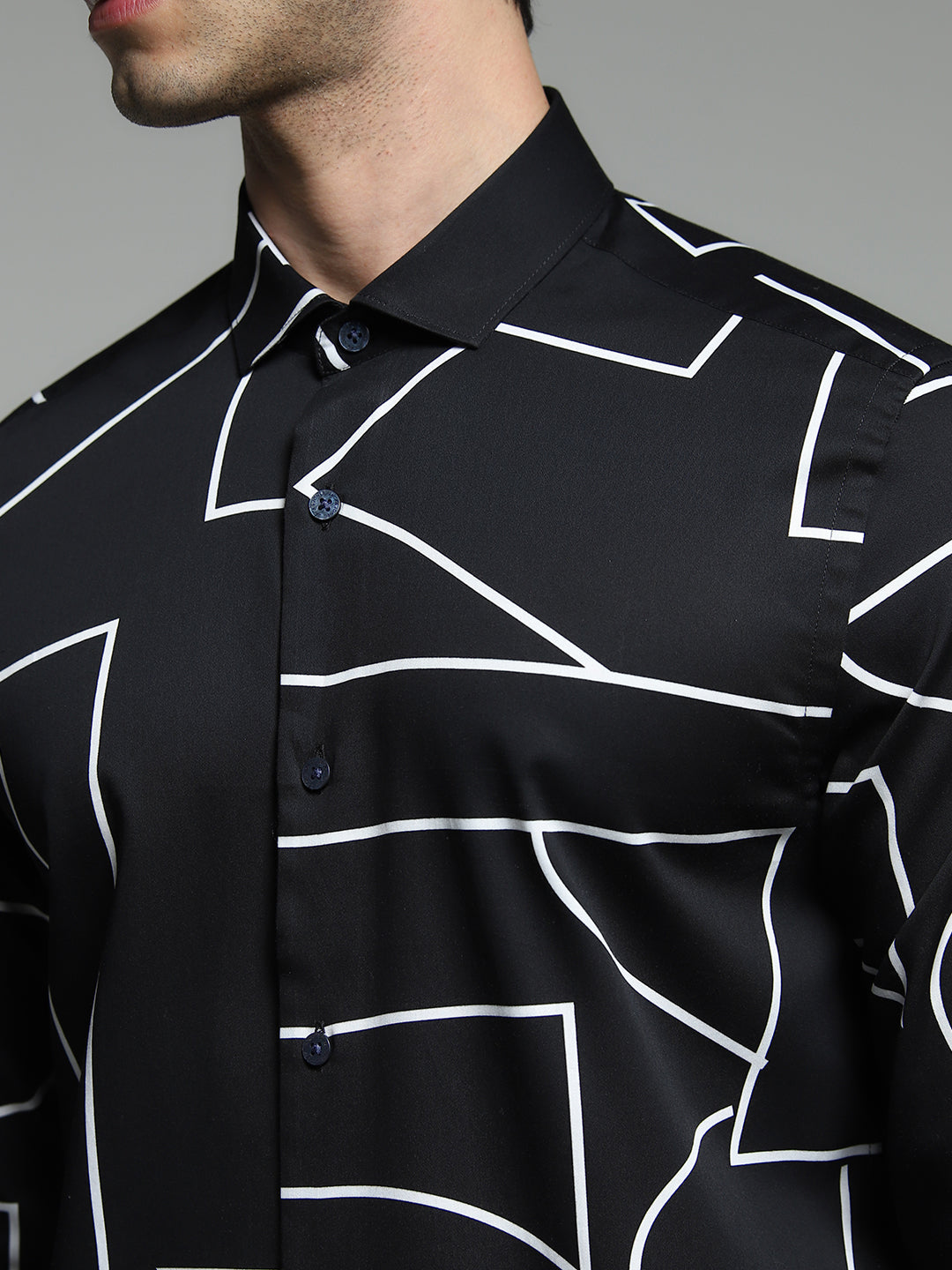 Men's Black Abstract Print Slim Fit Viscose Shirt