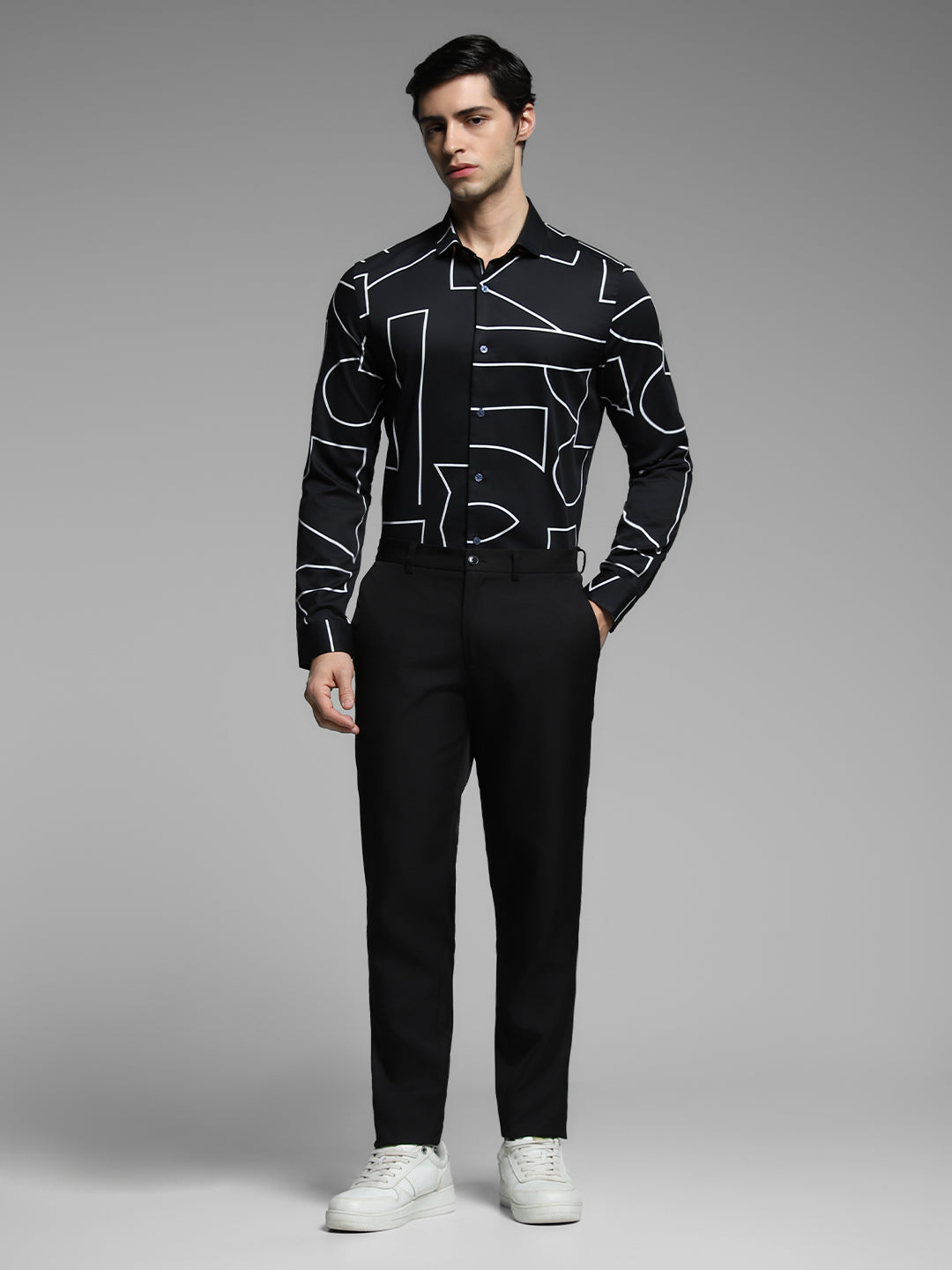 Men's Black Abstract Print Slim Fit Viscose Shirt