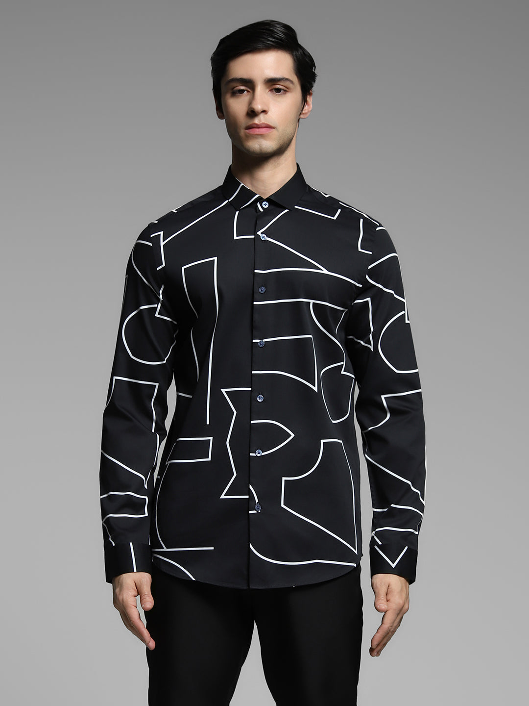 Men's Black Abstract Print Slim Fit Viscose Shirt