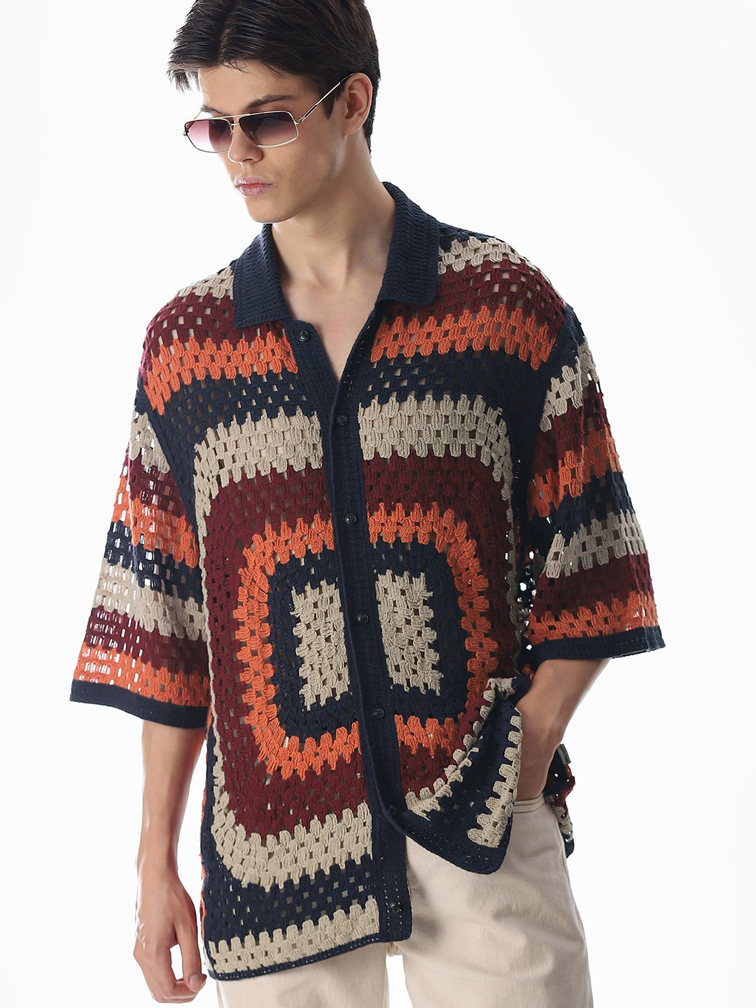 Multi-Colour Knitted Crochet Shirt - S