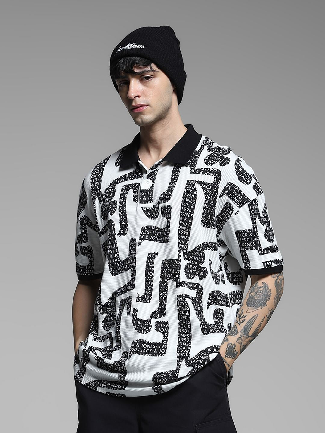 White Logo Print Cotton Polo - S