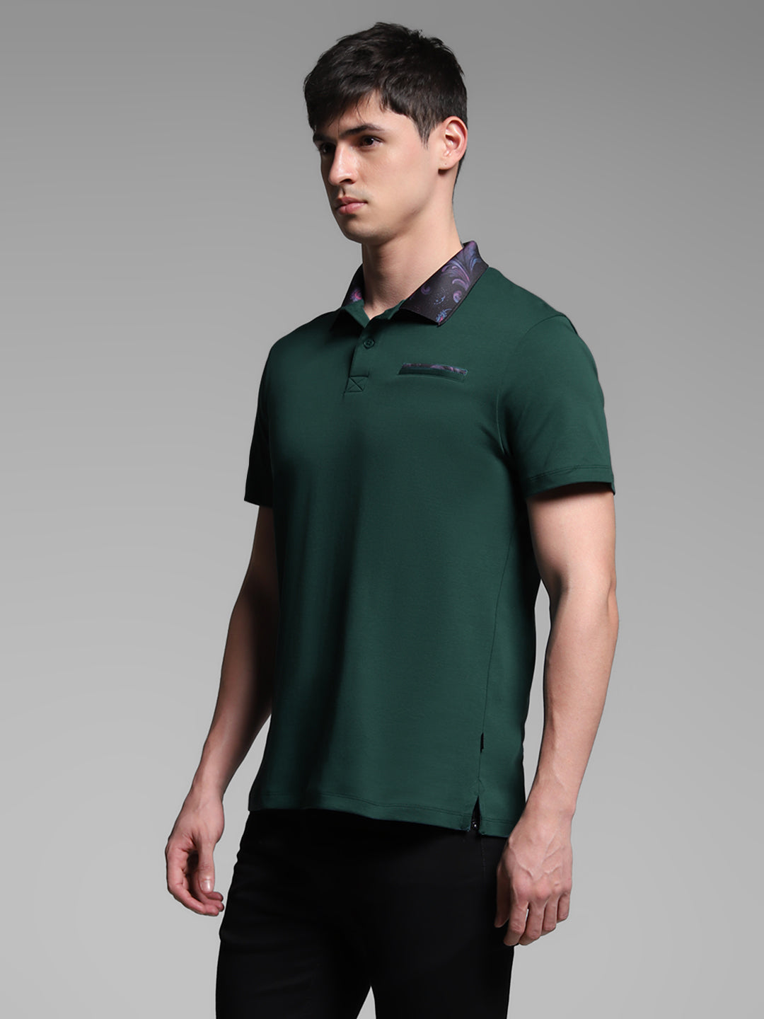 Men's Cotton Polo T-Shirt In Green With Contrast Collar, Regular Fit