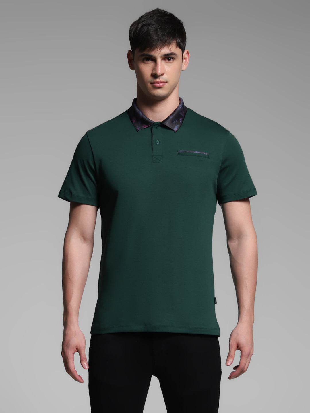 Men's Cotton Polo T-Shirt In Green With Contrast Collar, Regular Fit