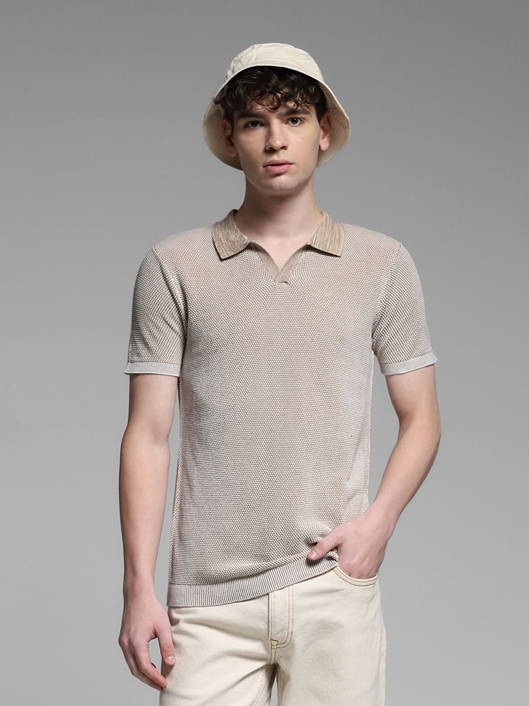 Beige Flat Knit Cotton Polo - S