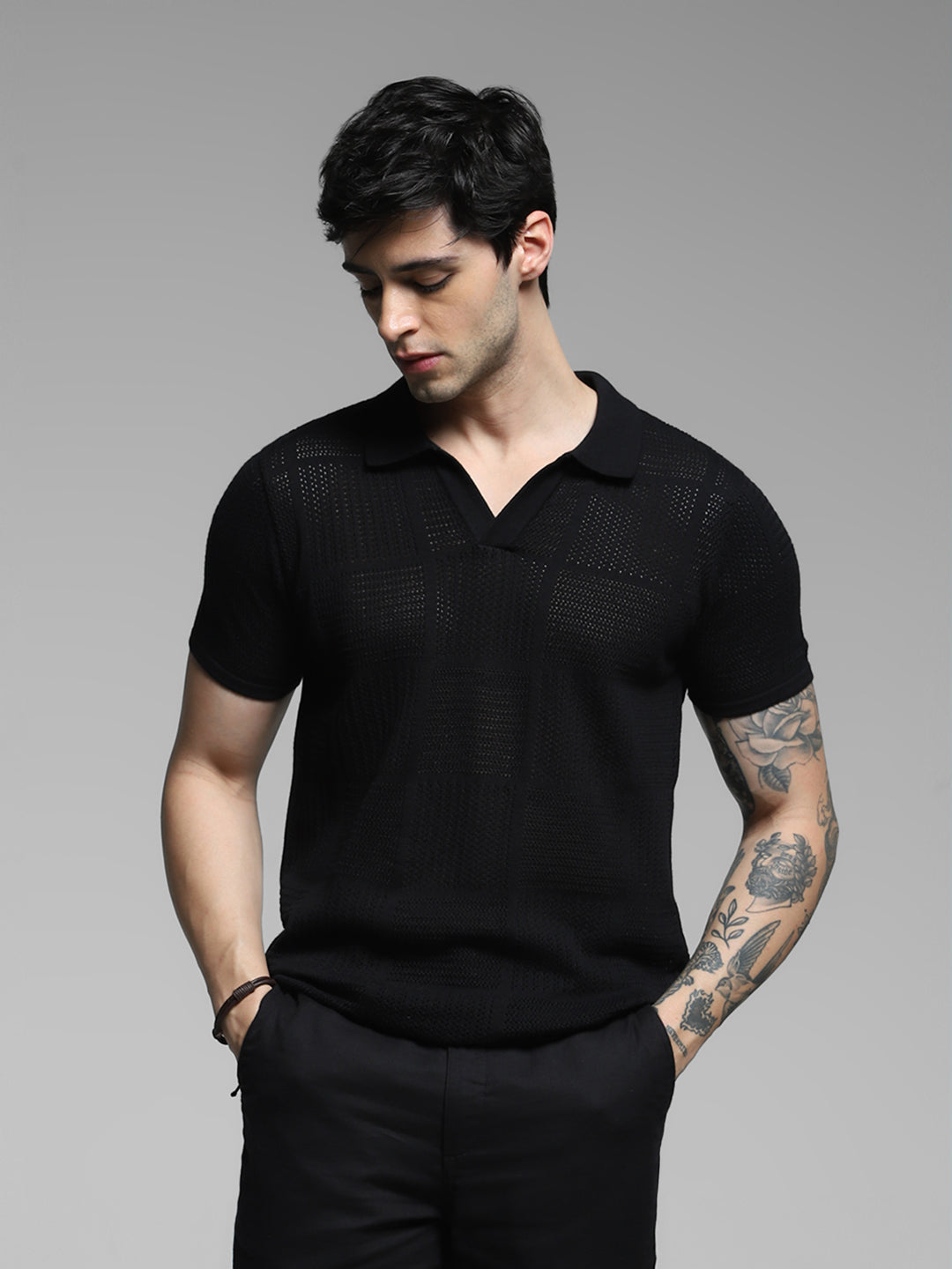 Black Cotton Jacquard Polo