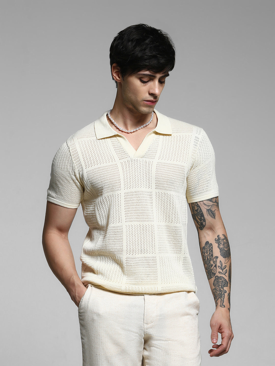 White Cotton Jacquard Polo - XL