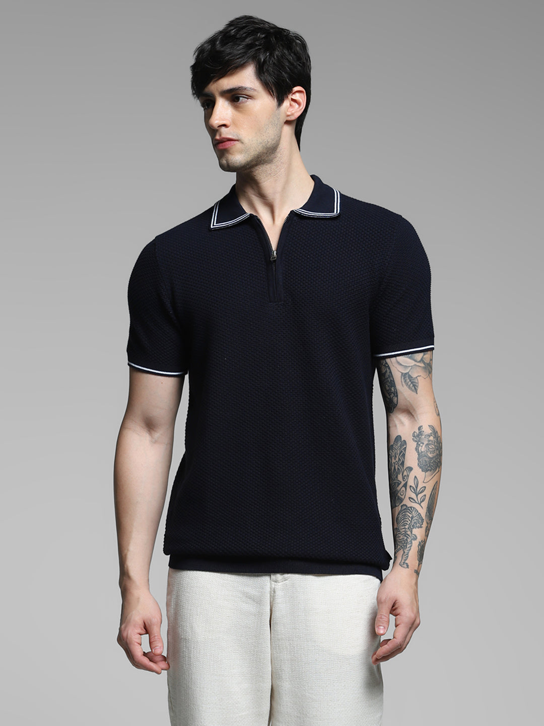 Navy Blue Cotton Jacquard Polo