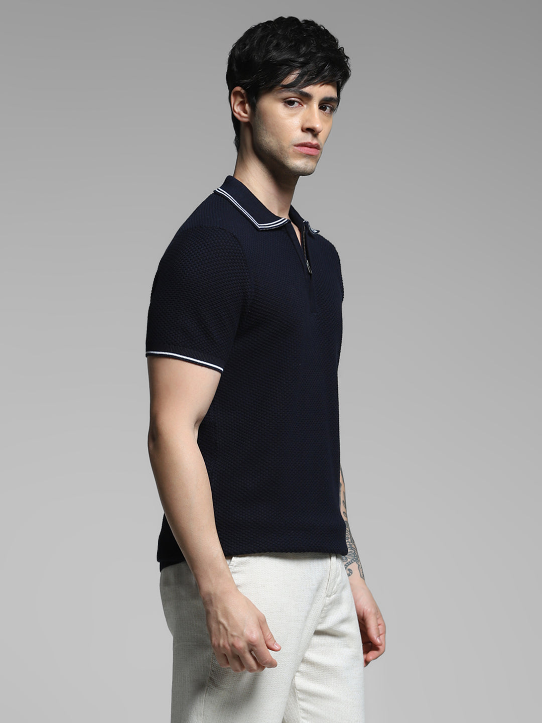 Navy Blue Cotton Jacquard Polo
