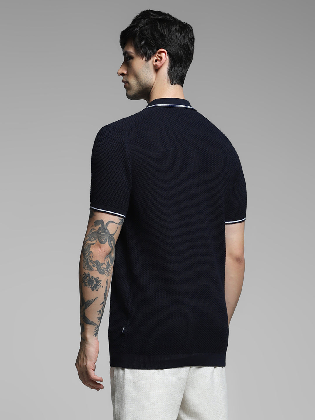 Navy Blue Cotton Jacquard Polo