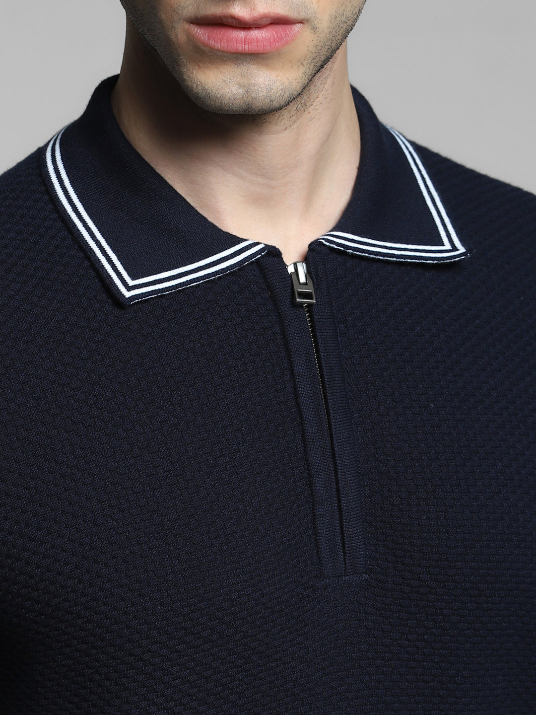 Navy Blue Cotton Jacquard Polo