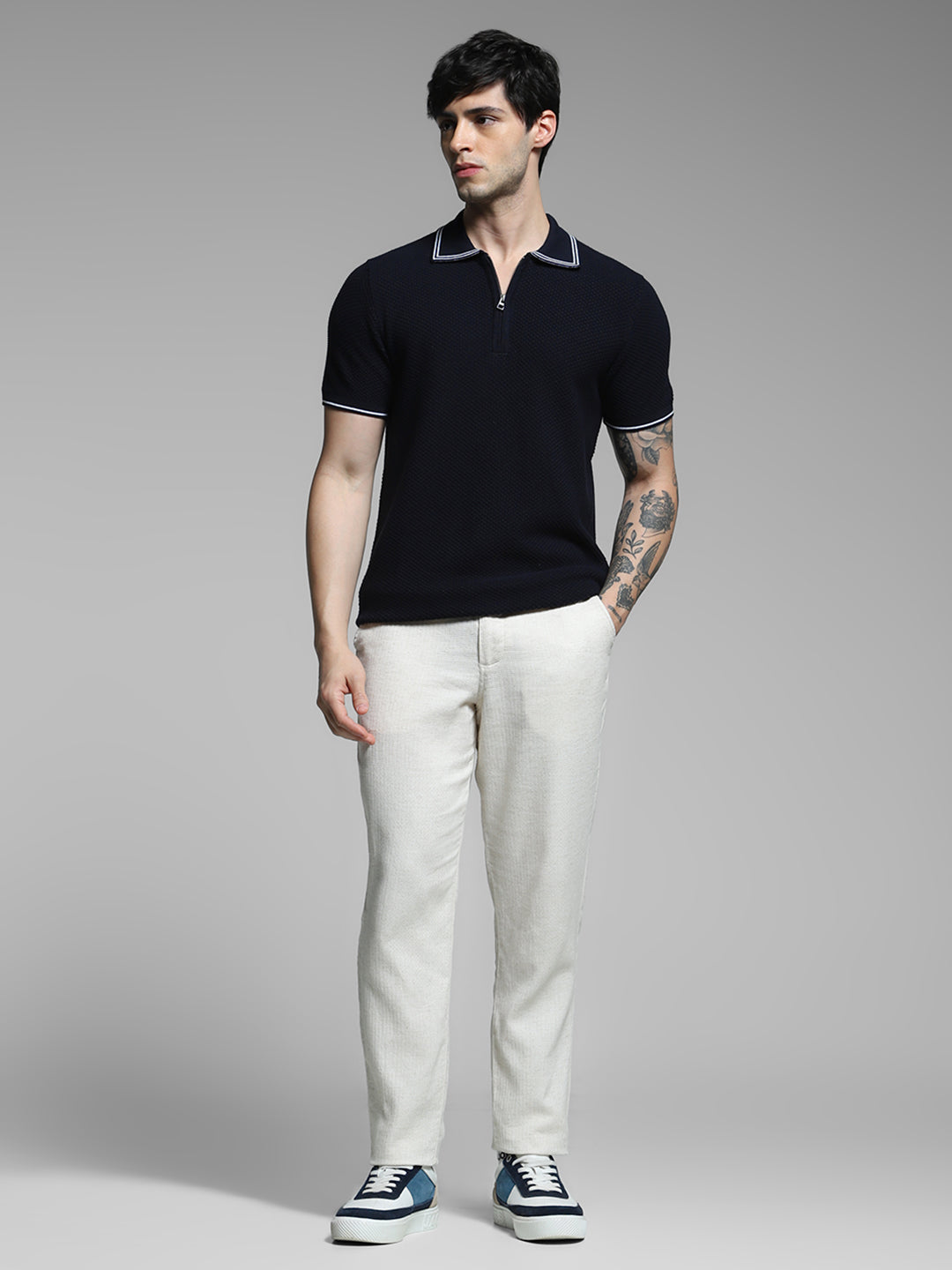 Navy Blue Cotton Jacquard Polo