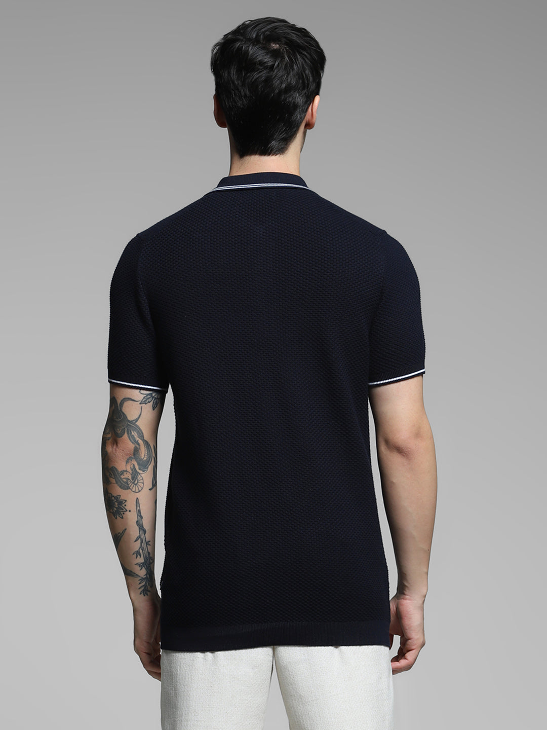 Navy Blue Cotton Jacquard Polo