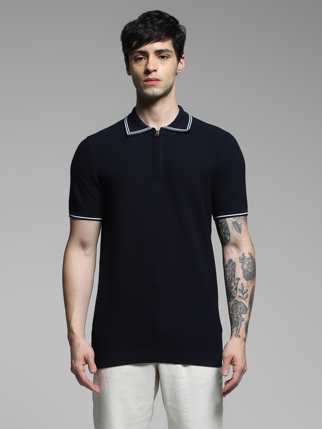 Navy Blue Cotton Jacquard Polo