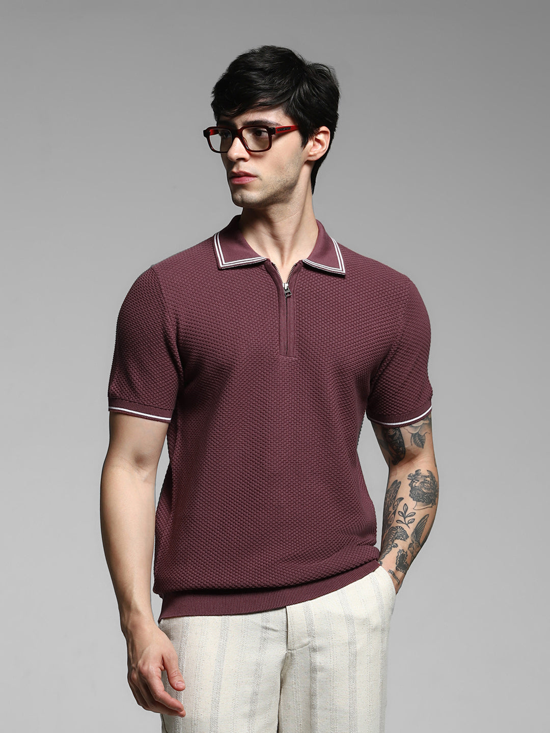 Dark Plum Cotton Jacquard Polo