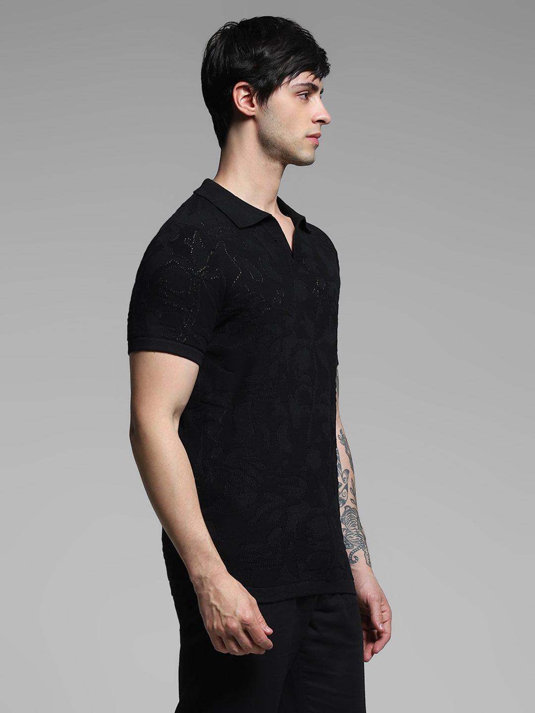 Black Cotton Jacquard Knit Polo