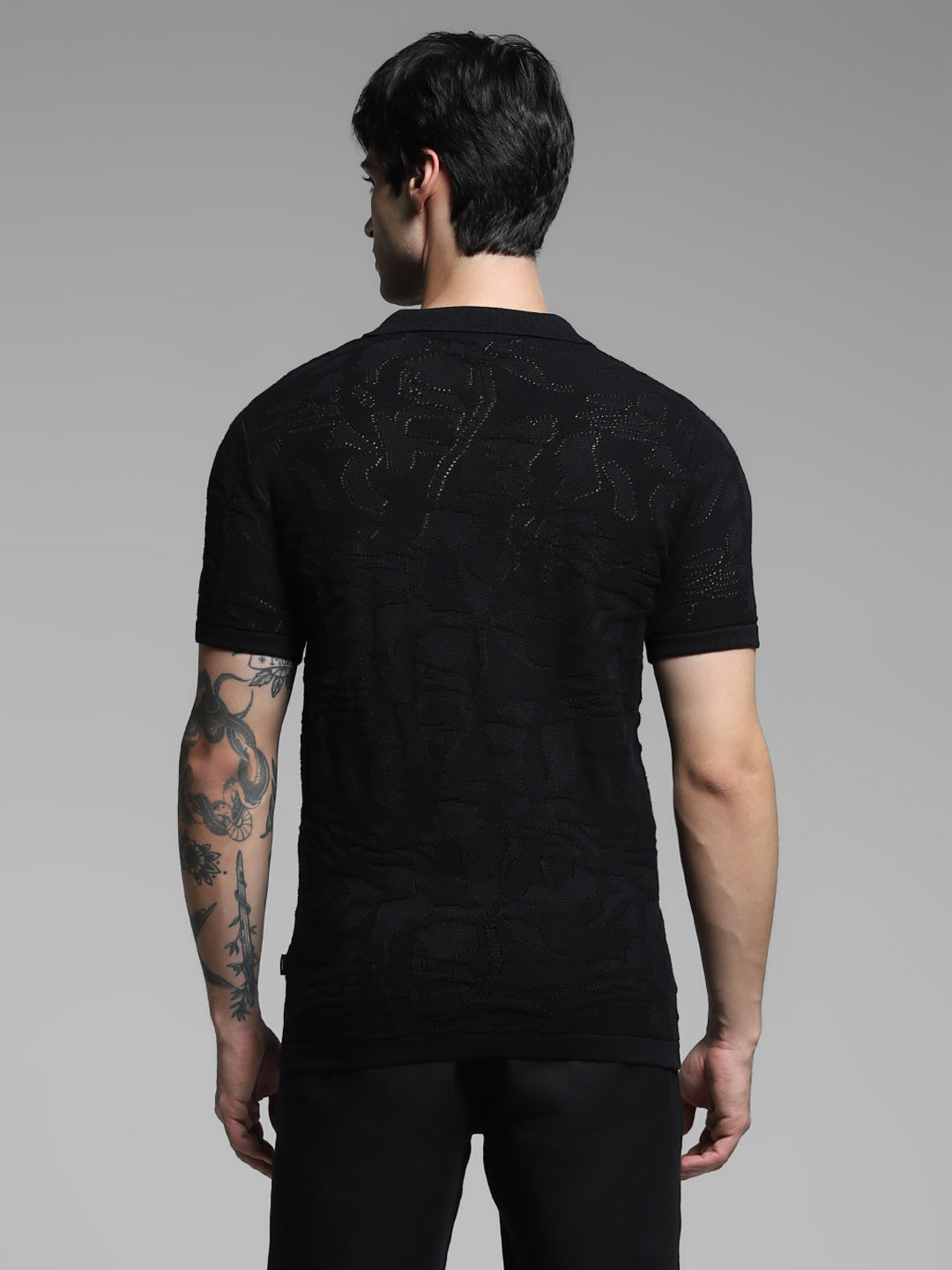 Black Cotton Jacquard Knit Polo