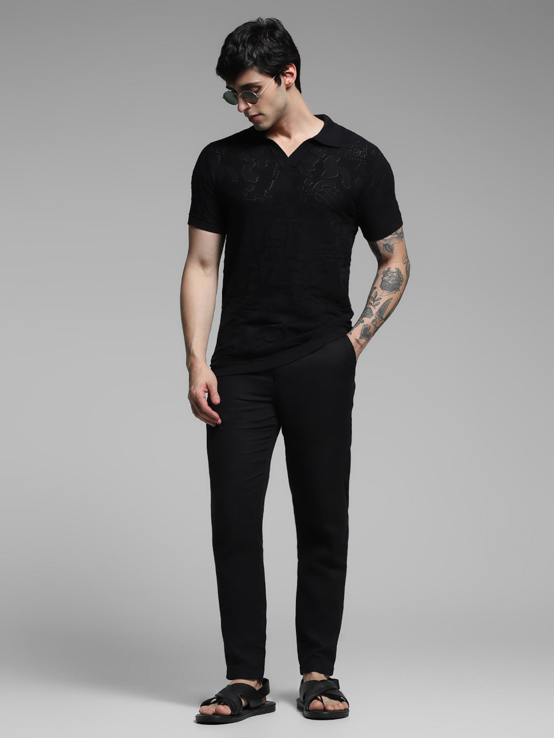 Black Cotton Jacquard Knit Polo