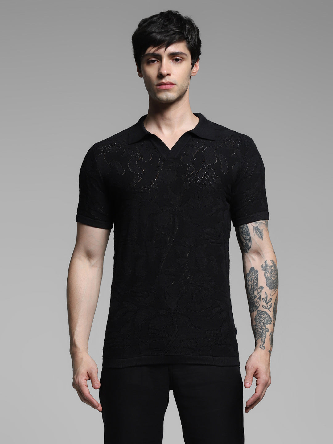 Black Cotton Jacquard Knit Polo