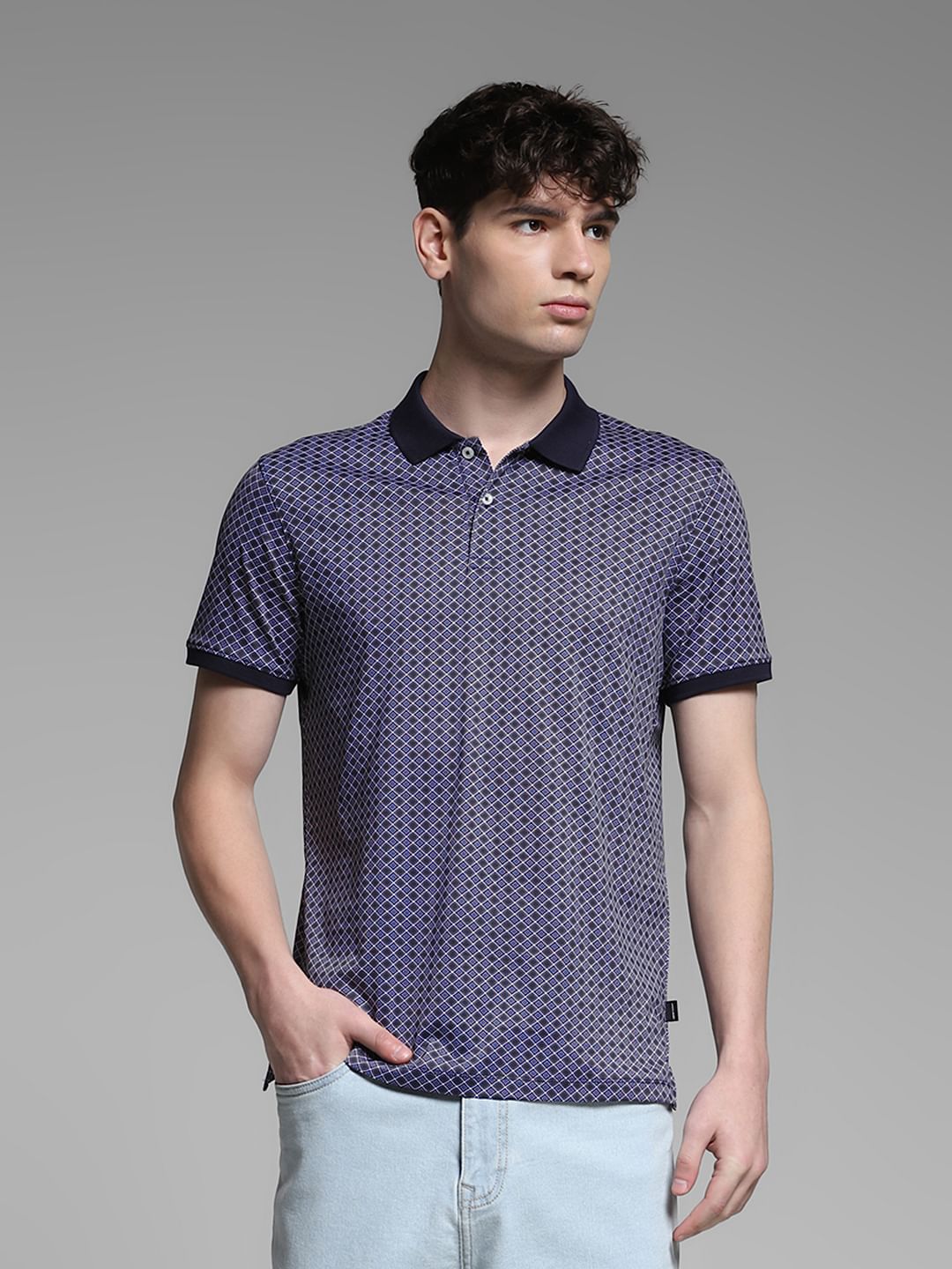Dark Blue Cotton Printed Polo
