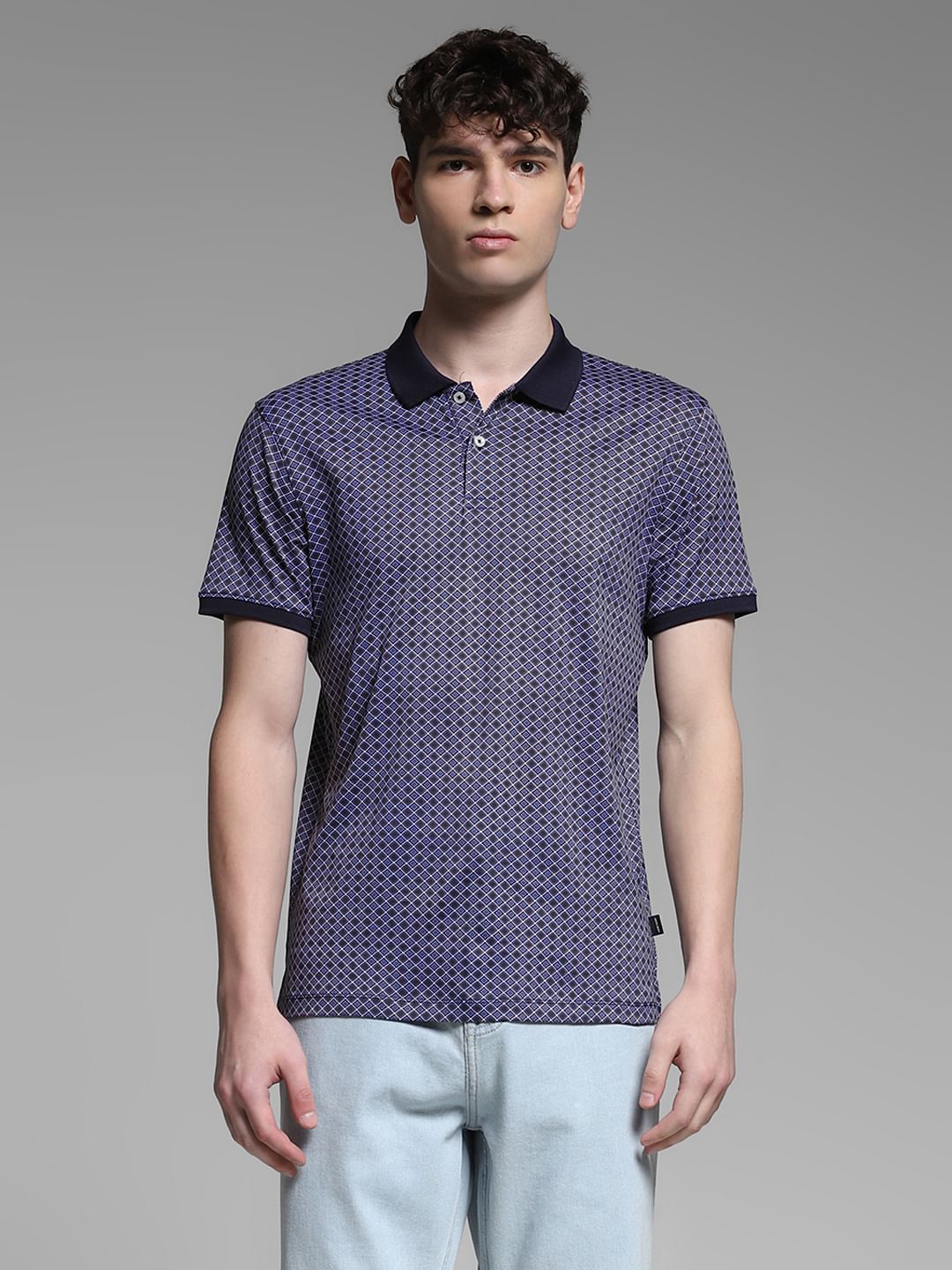 Dark Blue Cotton Printed Polo