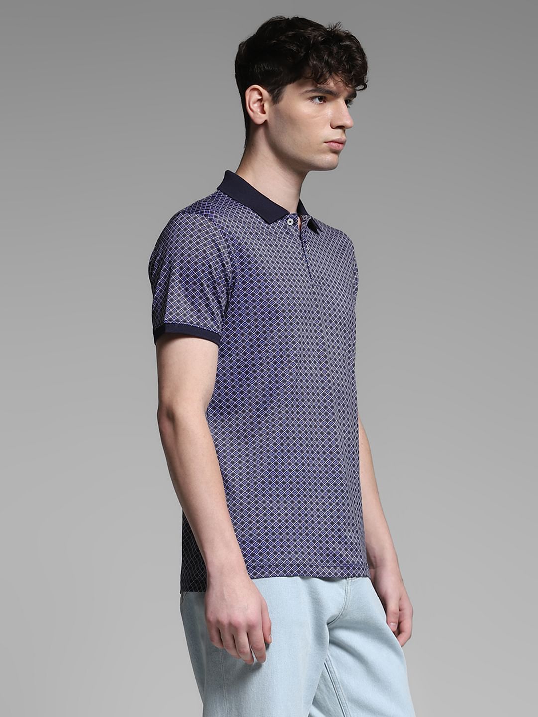 Dark Blue Cotton Printed Polo