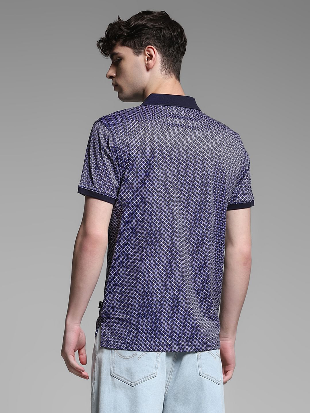 Dark Blue Cotton Printed Polo