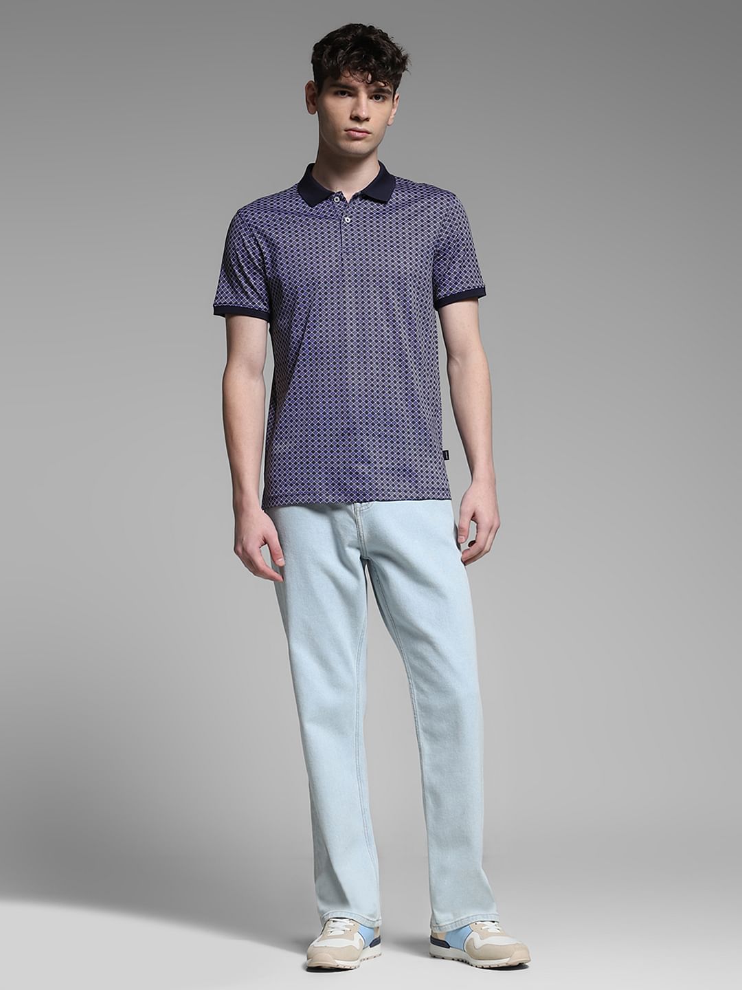 Dark Blue Cotton Printed Polo