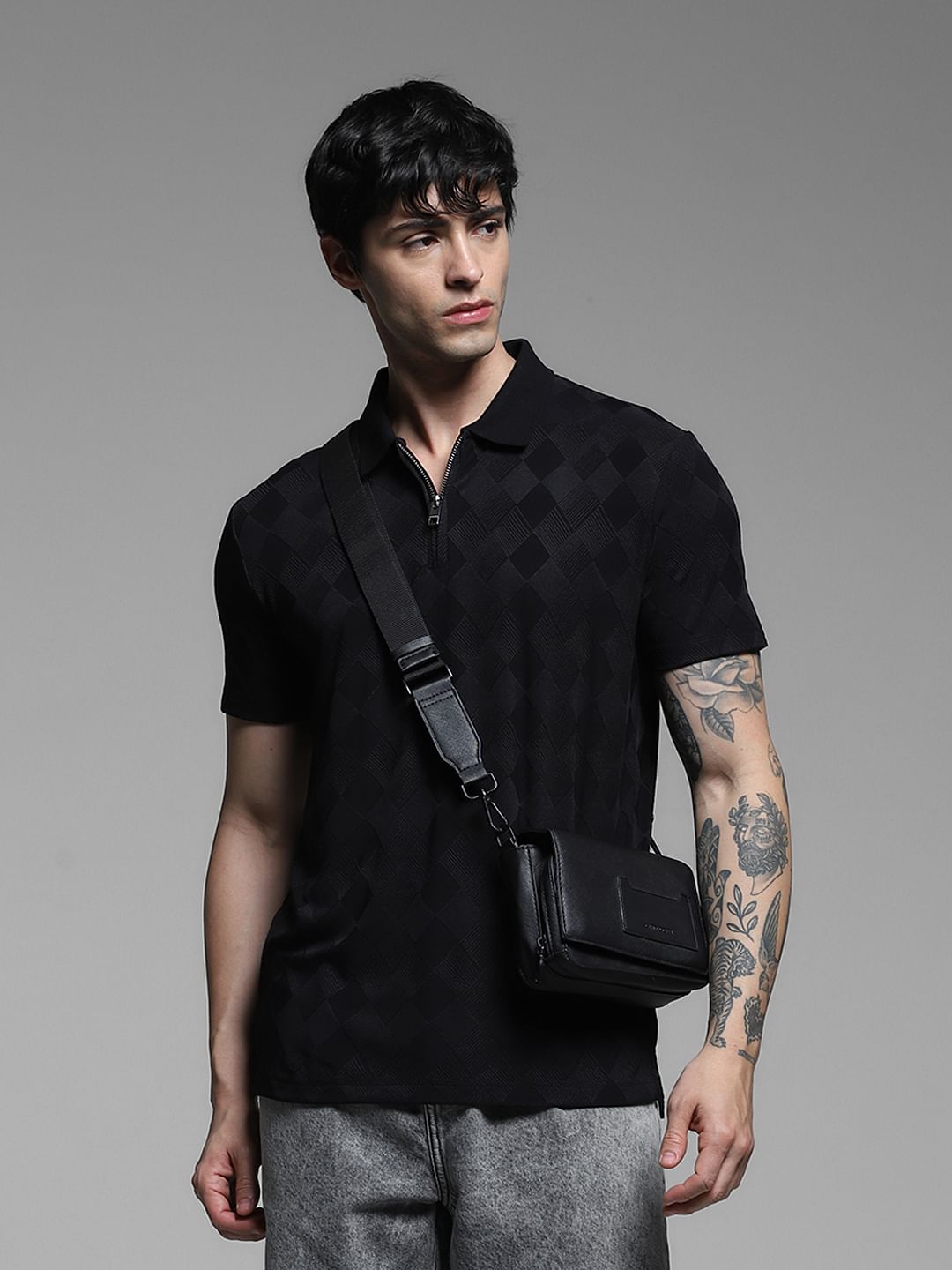 Black Textured Zip-Up Polo