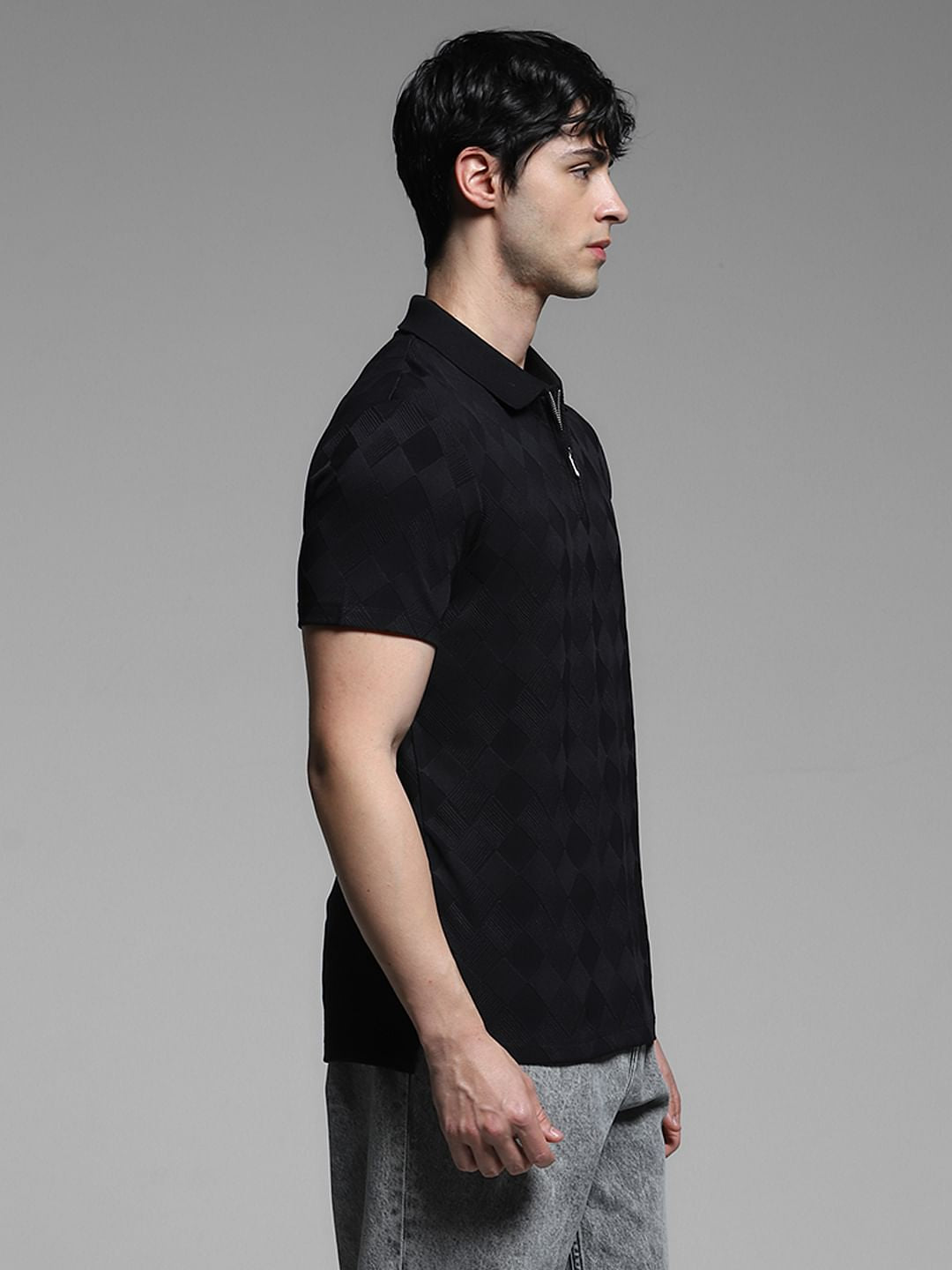 Black Textured Zip-Up Polo