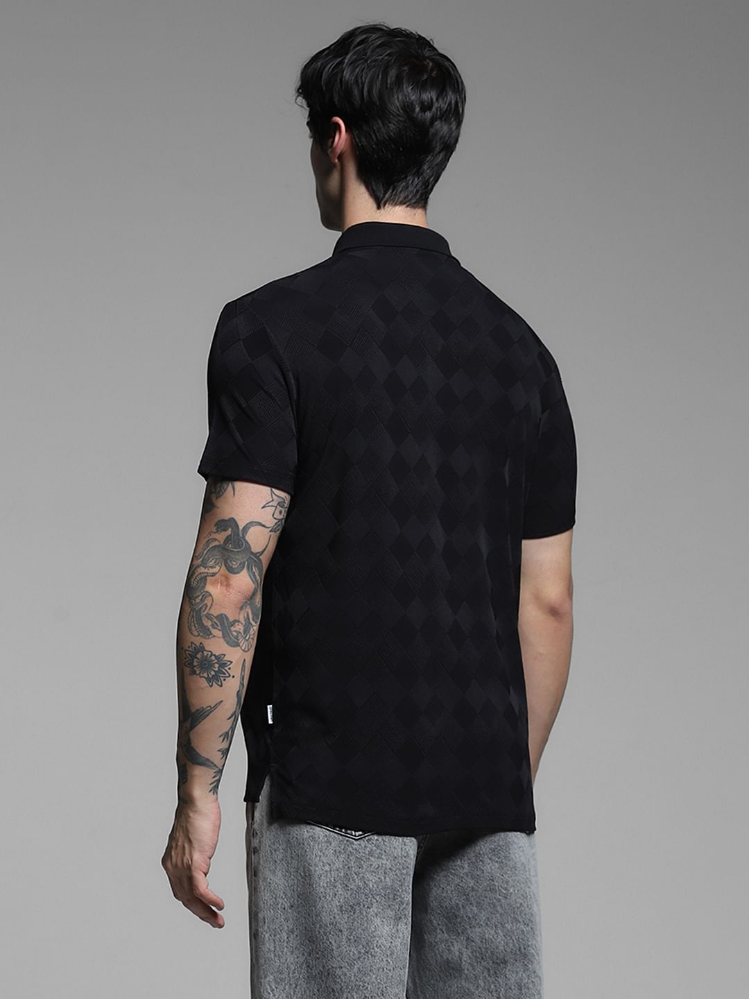 Black Textured Zip-Up Polo