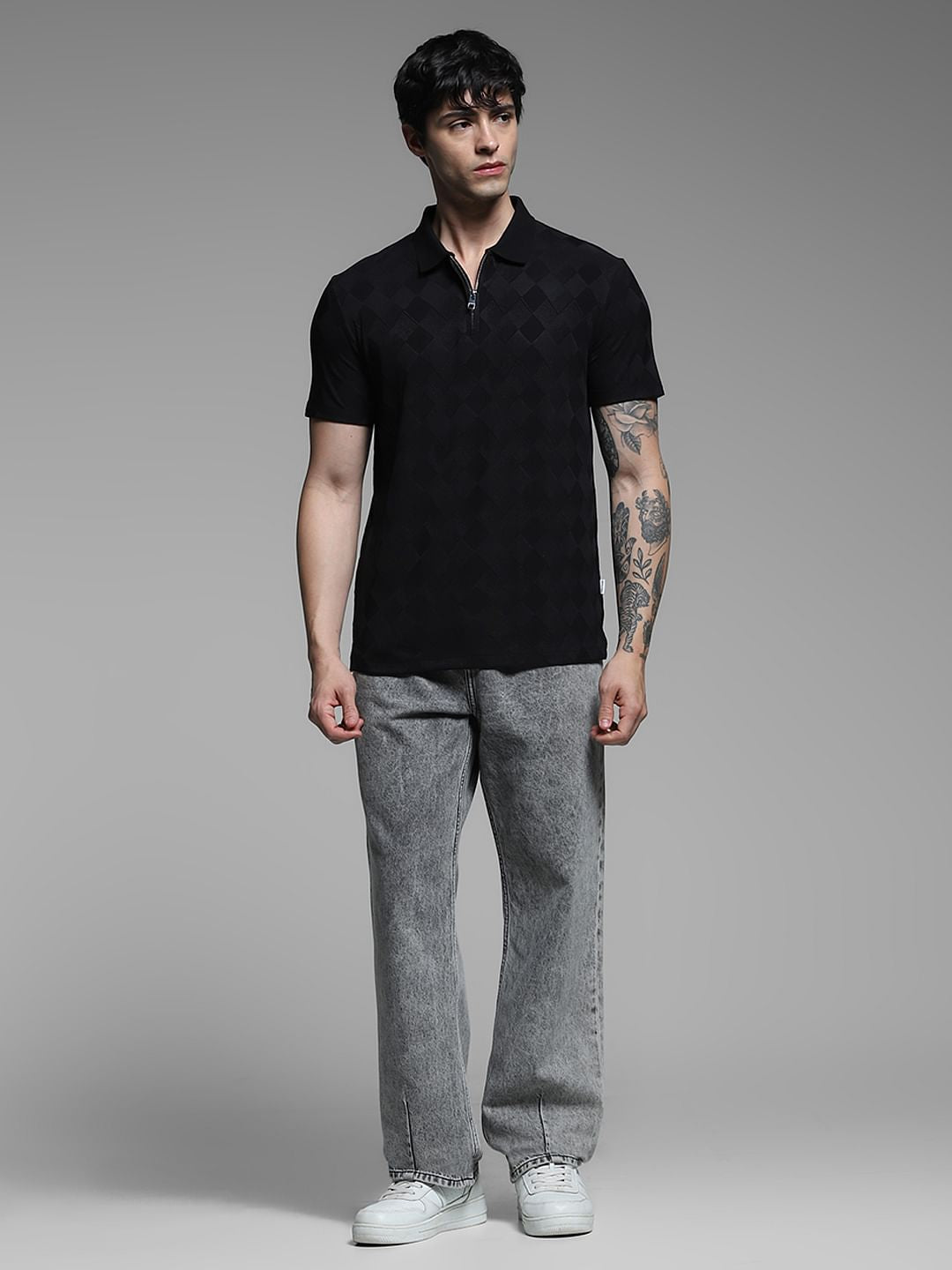 Black Textured Zip-Up Polo