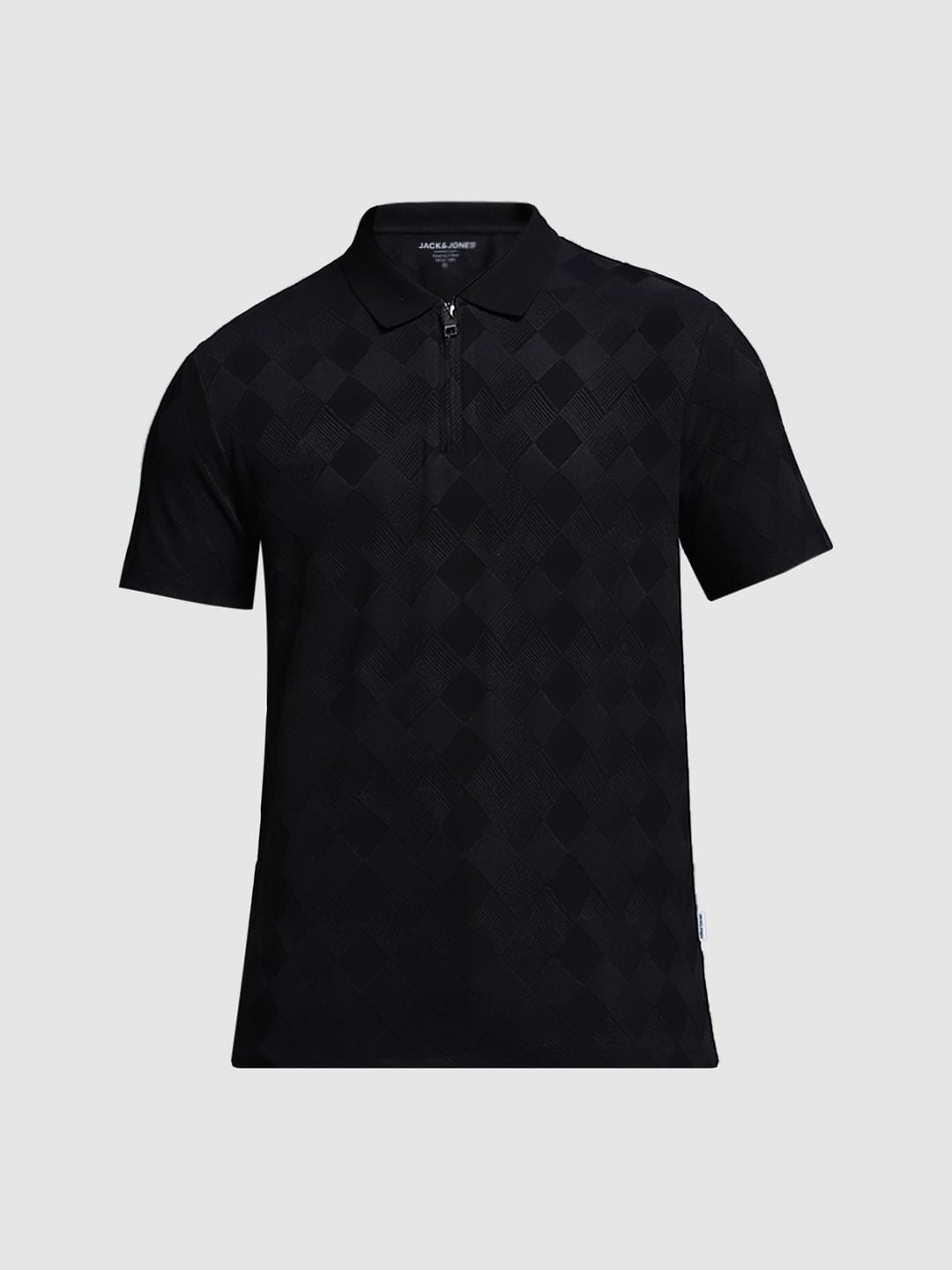 Black Textured Zip-Up Polo