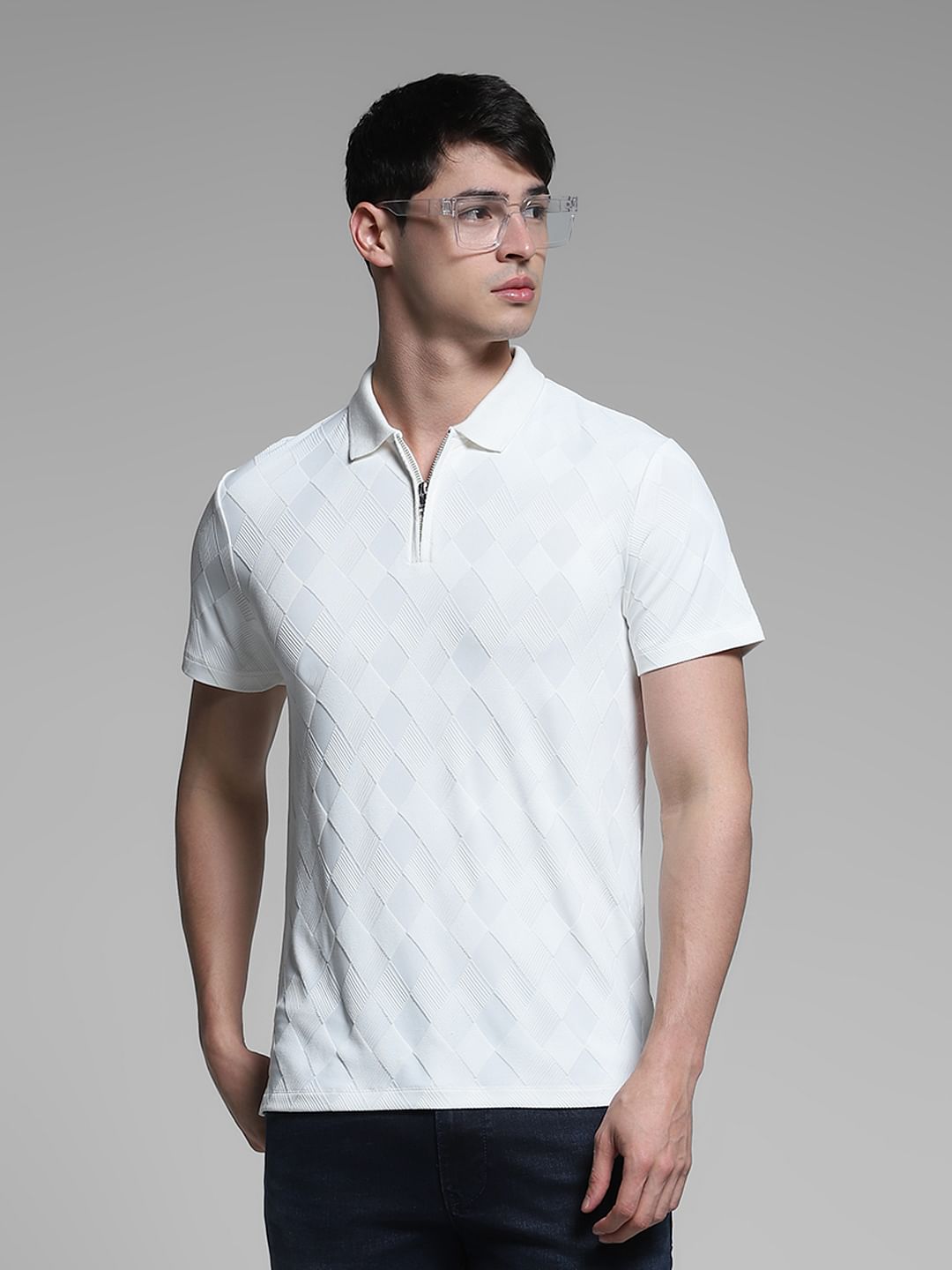 White Textured Zip-Up Polo - S