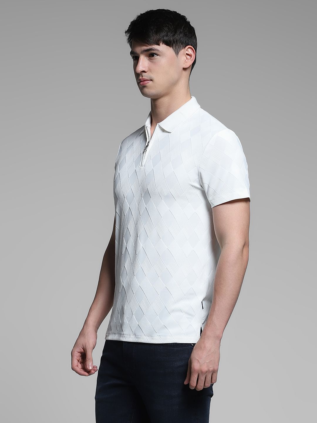 White Textured Zip-Up Polo
