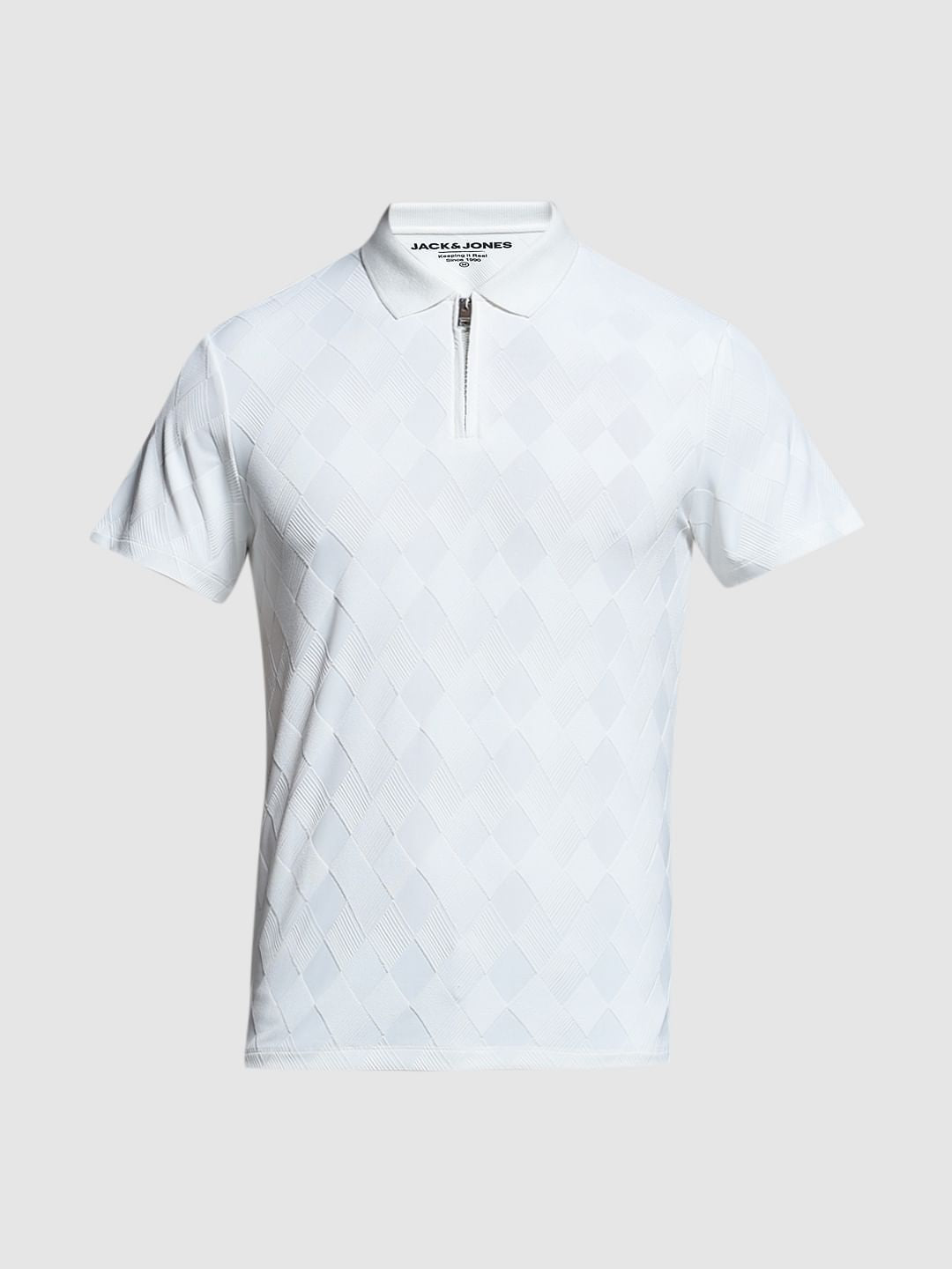 White Textured Zip-Up Polo