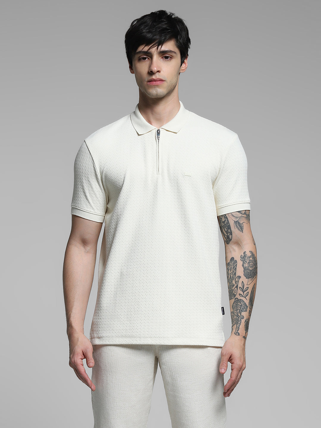 White Textured Zip Up Polo