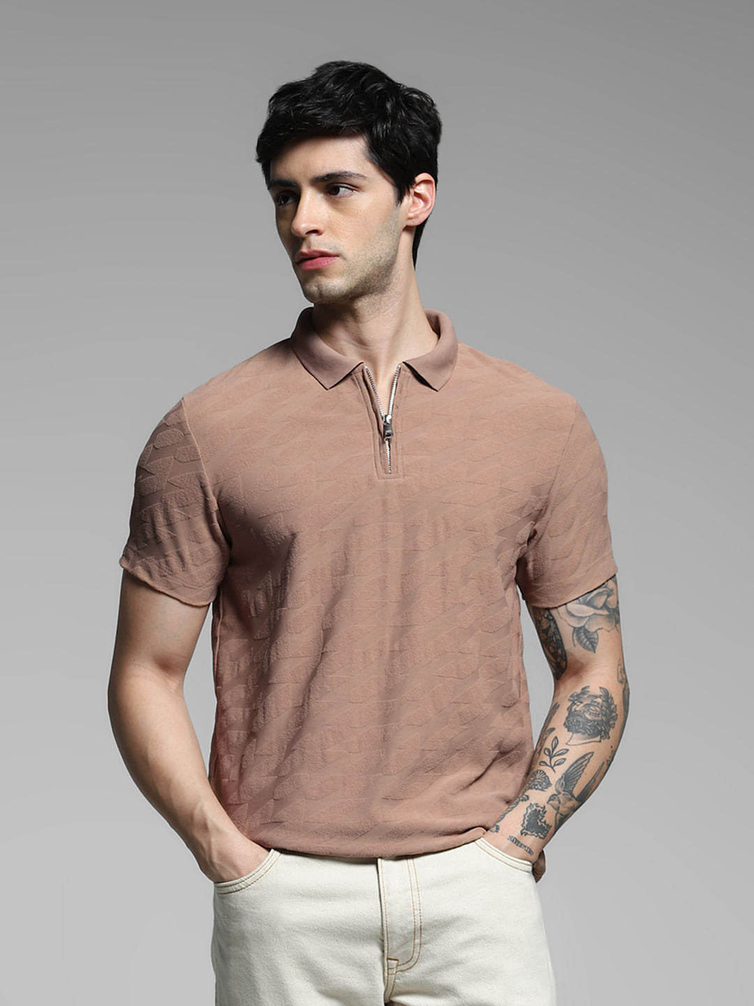 Brown Textured Zip Detail Polo